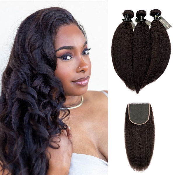 Maganda Rain Luxury Kinky Straight 100 % unbehandeltes Echthaar, 3 Bündel mit 4x4-Verschluss